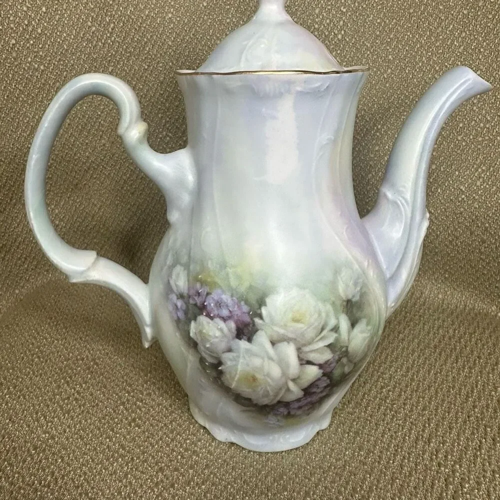 Vintage Bernadotte Porcelain Coffee Tea Pot Czech Republic Purple Roses 7.5”
